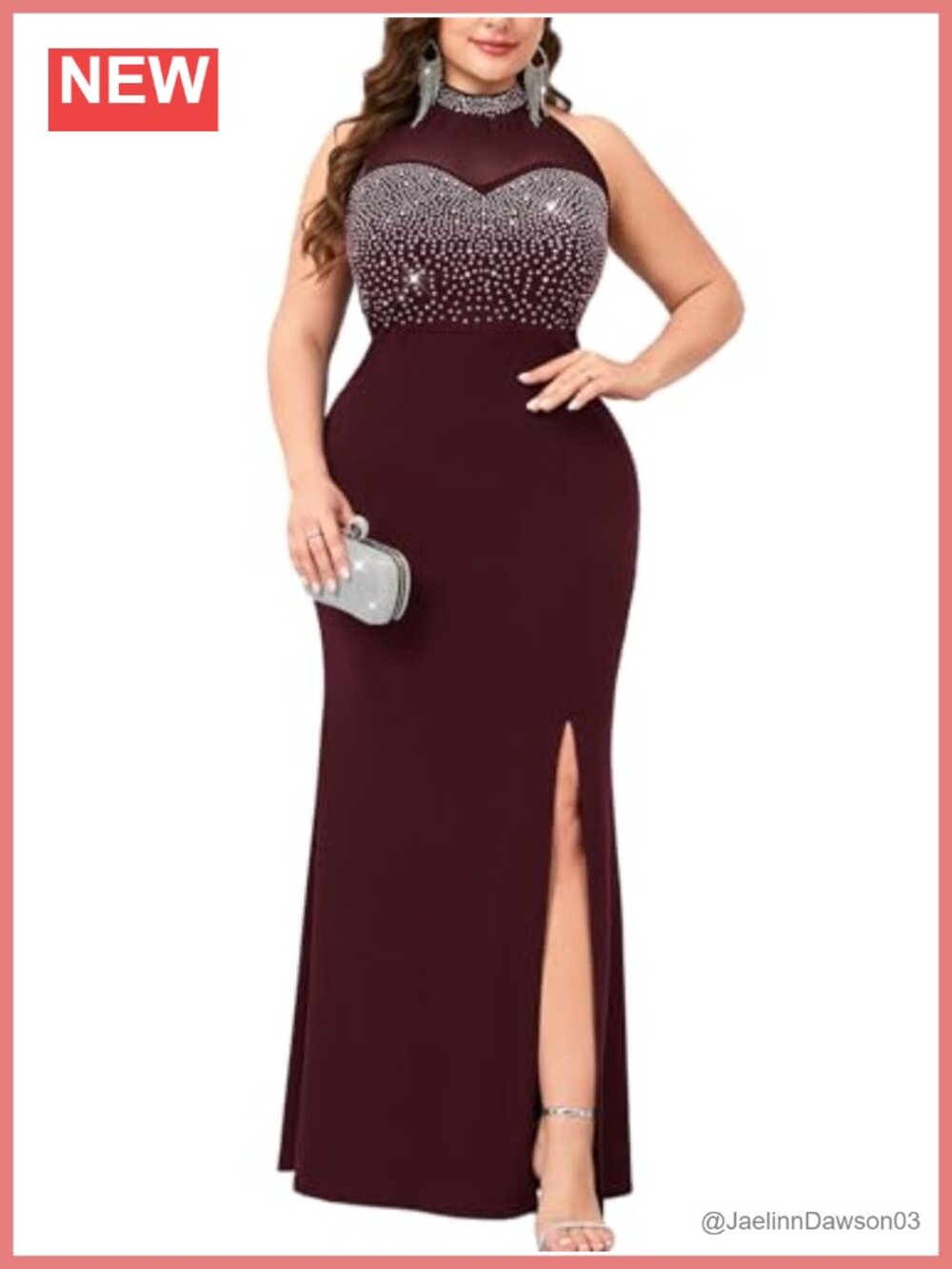 Sexy Plus Size Sparkly Rhinestone Bodice Halter Maxi Dress High Slit Evening